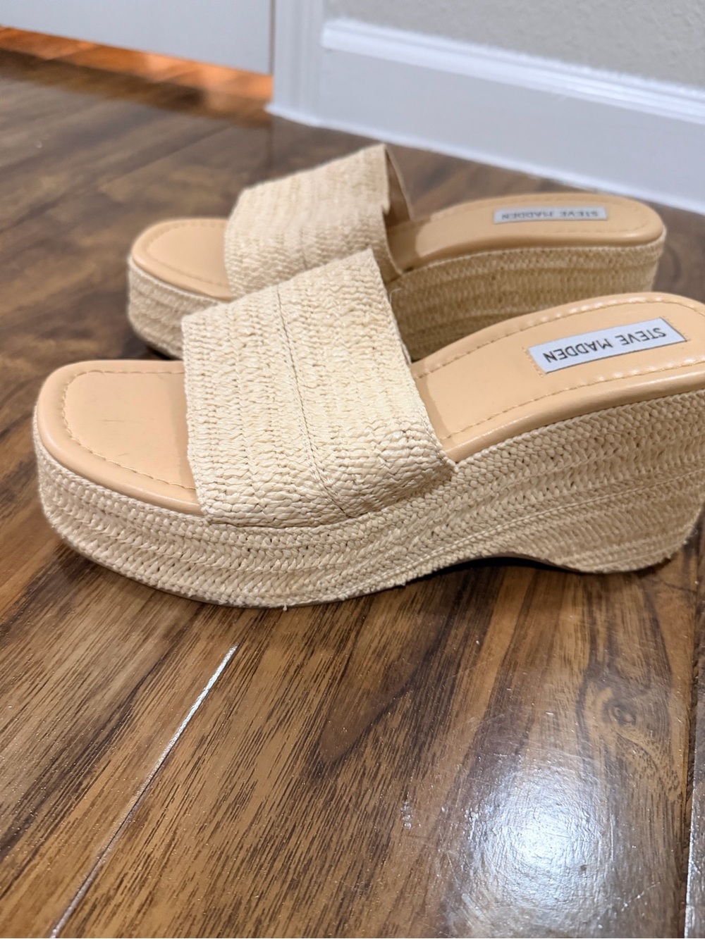 Steve Madden Beige Woven Espadrille Platform Slides